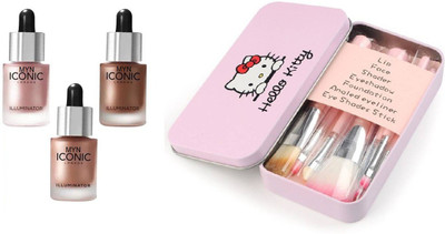 

myn Pink Makeup Brushes Set with illuminator Highlighter Pack of 3 (ORIGINAL,SHINE,GLOW) High Gloss(Set of 4)