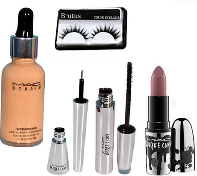 

BRUTUS Eyelashes , Studio Waterweight Foundation, Eyeliner & Mascara , Longlasting Matte Finish Lipstick(Set of 5)