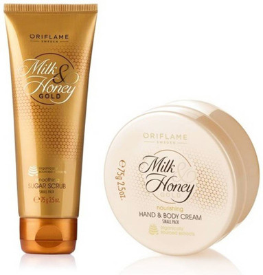 

Oriflame Milk & Honey Gold Nourishing Hand & Body Cream + Smoothing Sugar Scrub Small Pack (Combo)(Set of 2)
