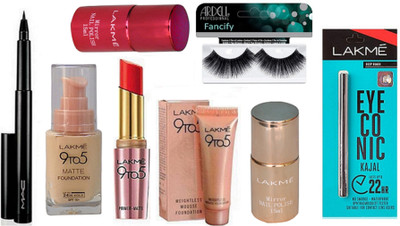 

Fancify Eyelashes & Primer+Matte Finish Long Lasting Lipstick & Matte & Mousse Foundation & Eyeconic Kajal & Mirror Nail Polish Pack of 2 & Pen Eyeliner(Set of 8)