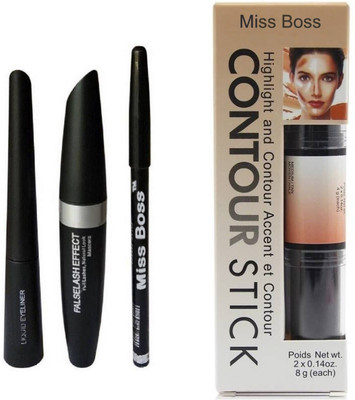 

Miss Boss 3 in One Eyeliner & eyebrow Pencil & Mascara, kb contour stick 2in1 Concealer combo(Set of 4)