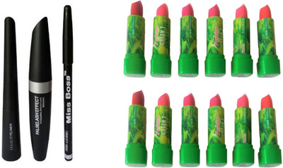 

Miss Boss 12 piece green tea lipstick, 3 in One Eyeliner & eyebrow Pencil & Mascara combo , pack of 4(Set of 4)