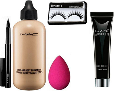 

BRUTUS Eyelashes, Face And Body Foundation, Pen Eyeliner, Absolut Primer With Sponge Puff(Set of 5)
