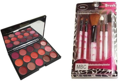 

Myn Combo of makeup brush set of 5 with lip cream 15 colors palette(Set of 2)