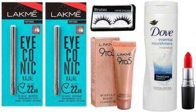 

BRUTUS Eyelashes, Weightless Mousse Foundation, Eyeconic kajal ( pack of 2), Essential Nourishment Body Lotion, Matte Finish Lipstick(Set of 6)