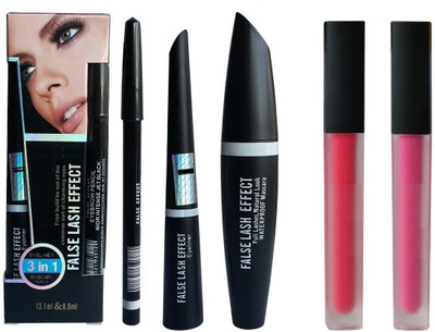

Myn Lip Gloss liquid matte Red & Pink color with Eyeliner black pencil, mascara & liquid eyeliner(Set of 2)