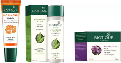 

BIOTIQUE BIO Morning Nectar Flawless Skin Lotion For All Skin Types, Bio Saffron Dew Youthful Nourishing Day Cream, LIP CARE(Set of 3)