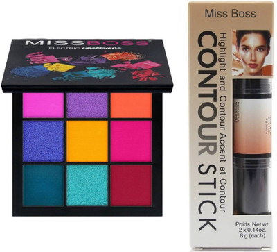

Miss Boss hb Eyeshadow Palette - Electric obsession 10.0 g ,kb kb contour stick 2in1 Concealer combo , pack of 2(Set of 2)