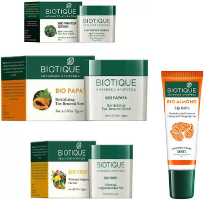 

BIOTIQUE BIO Winter Green Sport Correcting Anti Acne Cream,Papaya Revitalizing Tan Removal Scrub, Fruit Face Pack , LIP CARE(Set of 4)