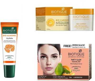 

BIOTIQUE BIO Carrot 40+ Spf Sunscreen Ultra Soothing Face Cream, Bio Party Glow Facial Kit, LIP CARE(Set of 3)