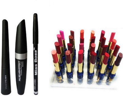 

Miss Boss Waterproof Lipstick Set Of 24 (Multicolor) , 3 in One Eyeliner & eyebrow Pencil & Mascara combo , pack of 4(Set of 4)