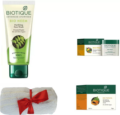 

BIOTIQUE BIO Neem Purifying Face Wash, Fruit Whitening & Depigmentation Face Pack, Papaya Revitalizing Tan-Removal Scrub, face towel(Set of 4)