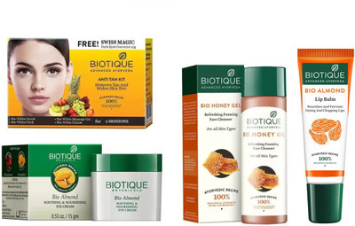 

BIOTIQUE BIO Anti Tan Facial Kit, Bio Almond Soothing & Nourishing Eye Cream, Bio Honey Gel Refreshing Foaming Face Cleanser For All Skin Types, LIP CARE(Set of 4)
