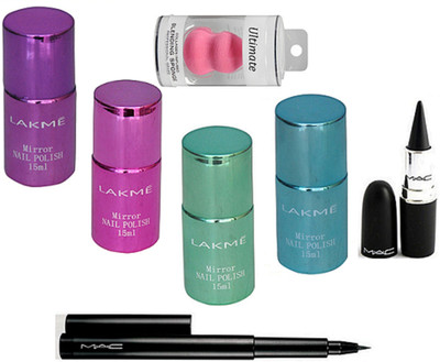 

Ultimate Sponge puff, Mirror Nail polish of 4, Stick Kajal, Pen Eyeliner(Set of 7)