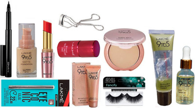 

Fancify Eyelashes, Matte & Mousse Foundation, Primer+Matte Powder Foundation, Finish Long Lasting Lipstick, Gold Rediance Serum, Eyeconic Kajal, Mirror Nail Polish, Primer, Pen Eyeliner & curler(Set of 11)