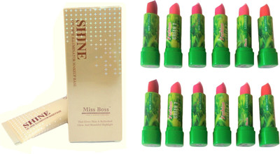 

Miss Boss 12 piece green tea lipstick, glam Oil Free Illuminator Makeup Base Highlighter combo,(Set of 2)