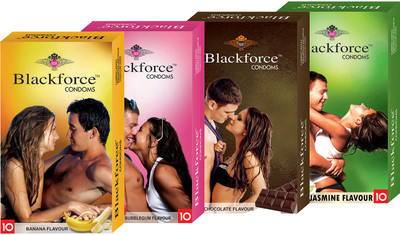 

BLACKFORCE BANANA , BUBBLEGUM , CHOCOLATE AND JASMINE FLAVOUR DOTTED Condom(Set of 4, 10S)