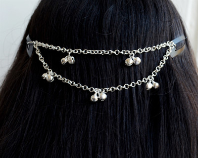 

Pretty Ponytails Ethnic Ghungroo Headchain Silver Hair Jewelry Hair Chain(Silver, Black)