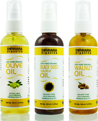 

Donnara Organics Premium Olive oil, Blackseed oil & Walnut oil Combo pack of 3 bottles of 100ml(300 ml) Hair Oil(300 ml)