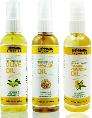 

Donnara Organics Premium Olive oil, Sesame oil & Evening Primrose oil Combo pack of 3 bottles of 100ml(300 ml) Hair Oil(300 ml)