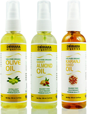 

Donnara Organics Premium Olive oil, Sweet Almond oil & Karanj oil Combo pack of 3 bottles of 100ml(300 ml) Hair Oil(300 ml)