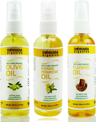 

Donnara Organics Premium Olive oil, Evening Primrose oil & Flaxseed oil Combo pack of 3 bottles of 100ml(300 ml) Hair Oil(300 ml)