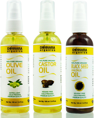 Donnara Organics Premium Olive oil, Castor oil & Blackseed oil Combo pack of 3 bottles of 100ml(300 ml) Hair Oil(300 ml)
