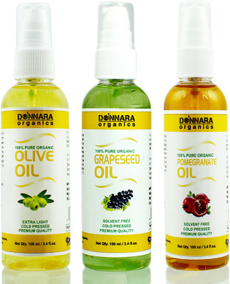 

Donnara Organics Premium Olive oil, Grapeseed oil & Pomegranate oil Combo pack of 3 bottles of 100ml(300 ml) Hair Oil(300 ml)