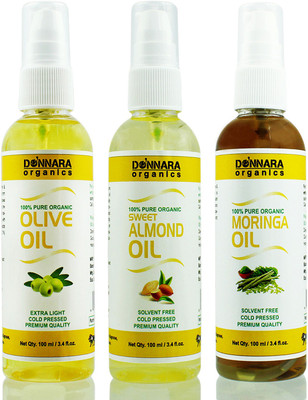 

Donnara Organics Premium Olive oil, Sweet Almond oil & Moringa oil Combo pack of 3 bottles of 100ml(300 ml) Hair Oil(300 ml)