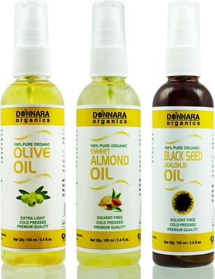 

Donnara Organics Premium Olive oil, Sweet Almond oil & Blackseed oil Combo pack of 3 bottles of 100ml(300 ml) Hair Oil(300 ml)