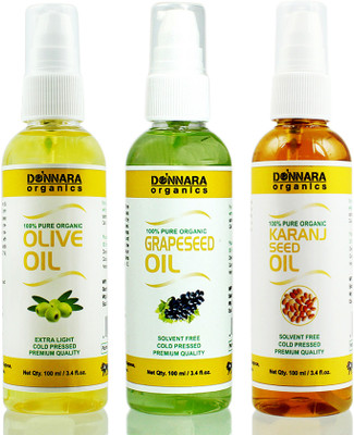 

Donnara Organics Premium Olive oil, Grapeseed oil & Karanj oil Combo pack of 3 bottles of 100ml(300 ml) Hair Oil(300 ml)