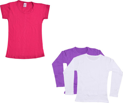 IndiWeaves Girls Solid Cotton Blend Regular T Shirt(Purple, Pack of 3)