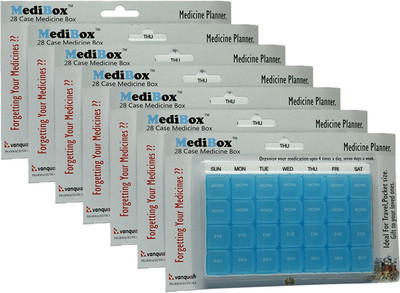 

MediBox 28 Case, Pill Organizer Box with 28 Compartments with Day and Time ( Pack of 7 )_ Medicine Dispenser
