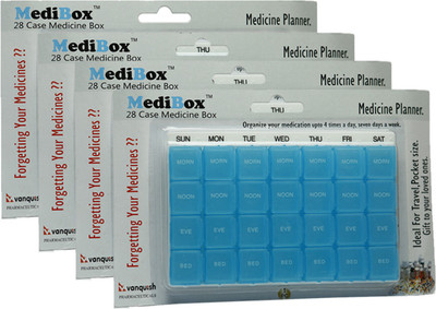 

MediBox 28 Case, Pill Organizer Box with 28 Compartments with Day and Time ( Pack of 4 )_ Medicine Dispenser