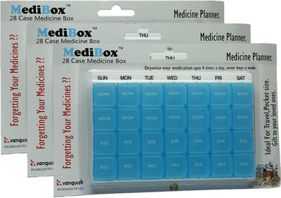 

MediBox 28 Case, Pill Organizer Box with 28 Compartments with Day and Time ( Pack of 3 )_ Medicine Dispenser