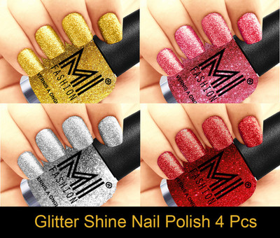 

MI FASHION Platinum Collection 12 ml each Set of 4 Glitter High Shine Long Lasting Nail Polish Colors at Your Fingertips Golden Gold, Pink, Silver, Red(Pack of 4)