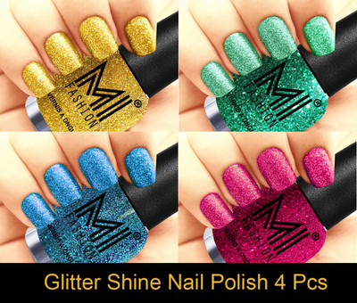 

MI FASHION Platinum Collection 12 ml each Set of 4 Glitter High Shine Long Lasting Nail Polish Colors at Your Fingertips Golden Gold, Radium, Sky Blue, Magenta(Pack of 4)