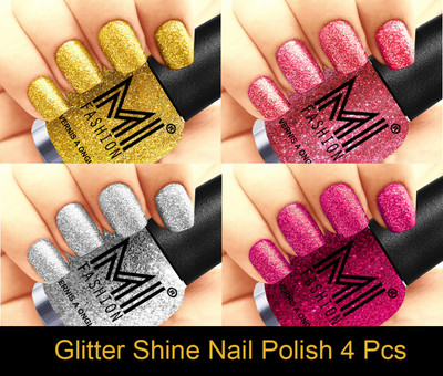 

MI FASHION Platinum Collection 12 ml each Set of 4 Glitter High Shine Long Lasting Nail Polish Colors at Your Fingertips Golden Gold, Pink, Silver, Magenta(Pack of 4)