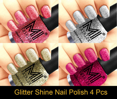 

MI FASHION Platinum Collection 12 ml each Set of 4 Glitter High Shine Long Lasting Nail Polish Colors at Your Fingertips Pink, Silver, Silver Gold, Magenta(Pack of 4)