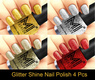 

MI FASHION Platinum Collection 12 ml each Set of 4 Glitter High Shine Long Lasting Nail Polish Colors at Your Fingertips Golden Gold, Silver, Silver Gold, Red(Pack of 4)