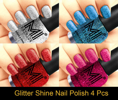

MI FASHION Platinum Collection 12 ml each Set of 4 Glitter High Shine Long Lasting Nail Polish Colors at Your Fingertips Silver, Sky Blue, Red, Magenta(Pack of 4)