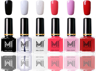 

MI Fashion Long Lasting Nail Paint Combo Set of 6 Colors Neon Pink,Pale Violet,Red,Black,Top Coat,White(Pack of 6)