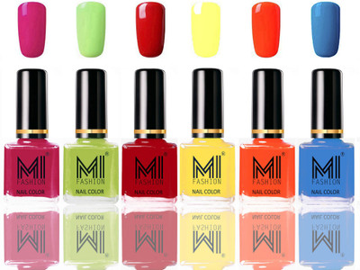 

MI FASHION Long Lasting Nail Paint Combo Set of 6 Colors Pink,Lime Green,Red-Yellow,Coral,Sea Blue(Pack of 6)