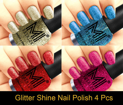 

MI FASHION Platinum Collection 12 ml each Set of 4 Glitter High Shine Long Lasting Nail Polish Colors at Your Fingertips Silver Gold, Sky Blue, Red, Magenta(Pack of 4)