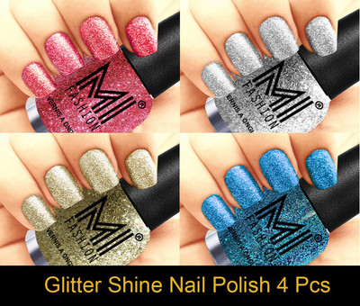 

MI FASHION Platinum Collection 12 ml each Set of 4 Glitter High Shine Long Lasting Nail Polish Colors at Your Fingertips Pink, Silver, Silver Gold, Sky Blue(Pack of 4)