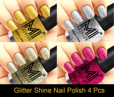 

MI FASHION Platinum Collection 12 ml each Set of 4 Glitter High Shine Long Lasting Nail Polish Colors at Your Fingertips Golden Gold, Silver, Silver Gold, Magenta(Pack of 4)