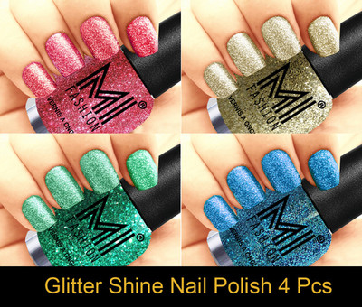 

MI FASHION Platinum Collection 12 ml each Set of 4 Glitter High Shine Long Lasting Nail Polish Colors at Your Fingertips Pink, Silver Gold, Radium, Sky Blue(Pack of 4)