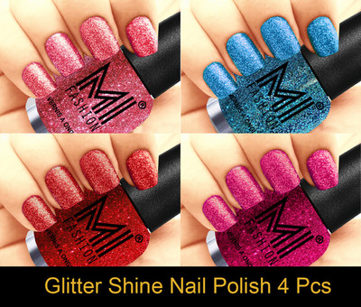 

MI FASHION Platinum Collection 12 ml each Set of 4 Glitter High Shine Long Lasting Nail Polish Colors at Your Fingertips Pink, Sky Blue, Red, Magenta(Pack of 4)