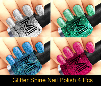 

MI FASHION Platinum Collection 12 ml each Set of 4 Glitter High Shine Long Lasting Nail Polish Colors at Your Fingertips Silver, Radium, Sky Blue, Magenta(Pack of 4)