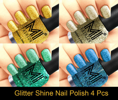 

MI FASHION Platinum Collection 12 ml each Set of 4 Glitter High Shine Long Lasting Nail Polish Colors at Your Fingertips Golden Gold, Silver Gold, Radium, Sky Blue(Pack of 4)